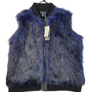 FDJ Faux Fur Vest XL Blue High Neck Full Zip Sleeveless Indie Vanguard New